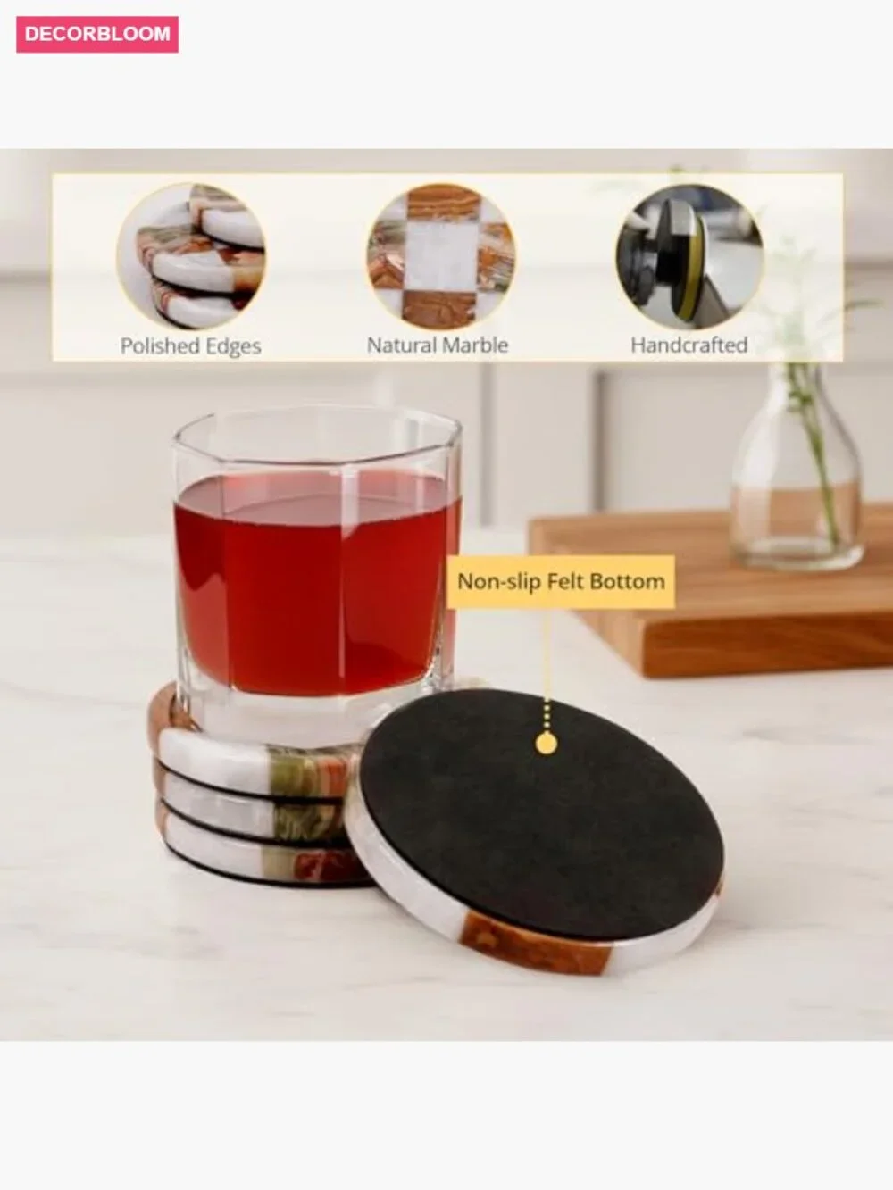 Set of 4 Handmade Marble Coasters, Round Stone Coaster for Dining Table